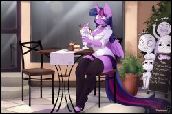 1girls 2019 alicorn anthro anthrofied beverage breasts cake chair choker cleavage clothed clothing dessert dialogue digital_media_(artwork) english_text equid equine eyewear feathered_wings feathers female food friendship_is_magic furniture glasses group hair hasbro hi_res horn humanoid legwear mammal milkshake multicolored_hair multicolored_tail my_little_pony outdoors purple_fur purple_hair purple_skin shirt sitting skirt stalking stockings table tail teranen text topwear twilight_sparkle_(mlp) wings