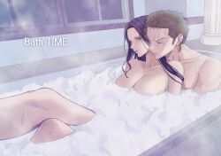 1boy 1girls 2d age_difference bath bathing_together bathtub couple covered_breasts covered_nipples female hug huge_breasts implied_nudity legs_up looking_at_another male nico_robin nsgw older_female one_piece post-timeskip roronoa_zoro straight wet wholesome younger_male