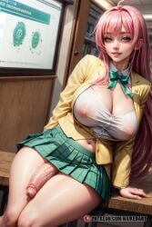 1futa ai_generated big_breasts bottomless_skirt erect_penis erection futa_only futa_sans_pussy futanari green_eyes huge_cock intersex lala_satalin_deviluke long_hair naikedart nipples_visible_through_clothing penis pink_hair skirt smile solo stable_diffusion to_love-ru