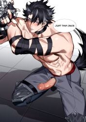 1boy 2d 2d_(artwork) abs black_hair bondage chains english_text eriimyon genshin_impact gloves grey_eyes hi_res male male_only muscular_male nipples nipples_bulge no_balls no_top on_knees partially_clothed_male pecs penis penis_out penis_through_fly red_boxers ribs scars solo solo_male tail_wagging text_bubble tied_up veiny_penis wolf_tail wriothesley_(genshin_impact)