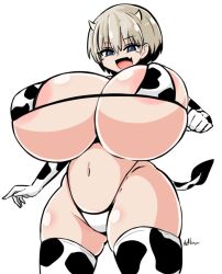 1girls azflutter big_breasts bikini bikini_bottom bikini_top blue_eyes coe cow_print cow_print_armwear cow_print_bikini cow_print_thighhighs cow_tail cute_fang female female_only huge_breasts large_ass looking_at_viewer navel short_hair solo solo_female solo_focus thick_thighs thighs uzaki-chan_wa_asobitai! uzaki_hana white_background white_hair