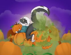 anthro anus ass claws clothed clothing embarrassed fart fart_cloud fart_fetish food fruit gassy halloween_theme hi_res jack-o'-lantern male mammal mephitid partially_clothed plant pumpkin raised_tail skunk skunk_tail solo tail thr33y3dg0at