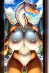 ai_generated big_breasts boob_squish boobs_on_glass breasts charizard huge_breasts pokémon_(species) pokemon pokemon_(species) scalie t1g3rbl00d