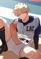 1boy ai_generated baseball_uniform blonde_hair clothes clothing cock ctst4r expressionless katsuki_bakugou large_penis light-skinned_male light_skin looking_at_viewer male male_focus male_only penis pov pov_eye_contact shoes sitting socks solo solo_male spiky_hair unimpressed