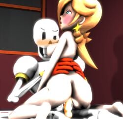 1boy 1girls 3d 3d_model blonde_female blonde_hair blonde_hair_female blush breasts clothed_male_nude_female crossover crown eastern_and_western_character female gloves grabbing indoors interspecies lying male mario_(series) medium_breasts nintendo on_back papyrus papyrus_(undertale) princess_rosalina riding riding_penis rosetta_(super_mario_galaxy) scarf sfm skeleton source_filmmaker straight super_mario_galaxy surprised sweat sweating undertale undertale_(series) weird_crossover white-skinned_female