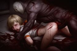 1boy ai_generated anal blonde_hair blood crying female guro heather_mason light-skinned_female monster pained_expression rape scary silent_hill silent_hill_3