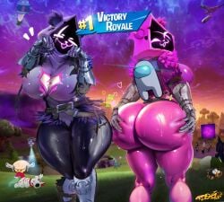 absurd_res anthro ass bear big_breasts big_butt bodily_fluids breasts butt_grab clothing duo epic_games female fortnite front_view hand_on_butt hi_res huge_breasts huge_butt human mammal raven_team_leader rear_view smug sweat sweaty_butt thick_thighs tight_clothing tudduls wide_hips