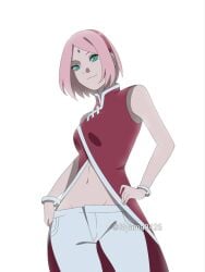 artist_request boruto:_naruto_next_generations breasts china_dress chinese_clothes dress female mature mature_female midriff milf naruto naruto_(series) naruto_shippuuden no_panties open_clothes open_pants pants petite pink_hair sakura_haruno short_hair solo solo_focus white_background