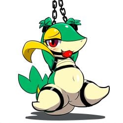 1:1 ai_generated anthro ball_gag blush bondage bondage bound chains female feral gag gagged generation_5_pokemon hellsonger hi_res navel nintendo pokemon pokemon_(species) red_eyes reptile restraints scalie simple_background snivy solo submissive white_background