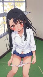 ai_generated black_hair blue_skirt blush bow_panties brown_eyes female hair_ornament hairclip hayase_nagatoro helmut_(artist) long_hair looking_at_viewer open_mouth panties panty_pull please_don't_bully_me,_nagatoro pleated_skirt school_uniform shirt skirt solo standing trembling underwear white_shirt