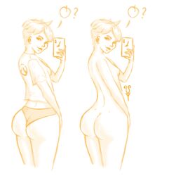 1girls ass blizzard_entertainment clothing freckles freckles_on_ass freckles_on_face lena_oxton looking_at_viewer looking_over_shoulder nude overwatch panties phone presenting_hindquarters selfie shaded shirt sketch smile tagme tracer vulpeculy