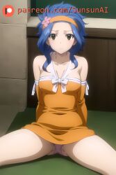 1girls ai_generated blue_hair breasts clothed clothing fairy_tail female female_only levy_mcgarden pale-skinned_female pale_skin panties petite petite_female pink_panties shirt_lift small_breasts sunsunai