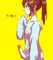 1boy androgynous blush brown_eyes brown_hair cho-_-cho erect erection long_hair open_mouth original penis ponytail shirt simple_background sleeves_past_wrist solo tied_hair trap