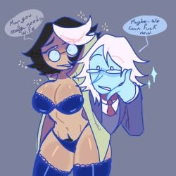 adventure_time big_breasts black_hair blue_skin dialogue drunk drunk_bubble fionna_and_cake genderswap_(mtf) green_shirt hairy_pussy rule_63 shiny_skin simon_petrikov socks thecykox29! thick_thighs underwear white_hair winter_king