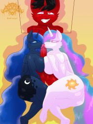 anthro female friendship_is_magic genitals group hasbro hi_res kissing m-47 male male/female my_little_pony penis penis_kissing princess_celestia_(mlp) princess_luna_(mlp) trio