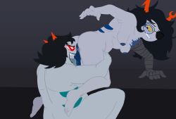 1futa 1girls arts_dingus balls bent_over blind breasts chubby dickgirl erection female futa_sans_pussy futanari futanari_penetrating glasses grey_body homestuck horns humanoid licking_penis looking_back nude penis robotic_arm sitting terezi_pyrope troll vriska_serket