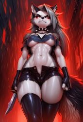 ai_generated alley cameltoe fur helluva_boss holding_object loona_(helluva_boss) nipples_visible_through_clothing open_clothes public raining red_background transparent_clothing walking wet_body wet_clothes