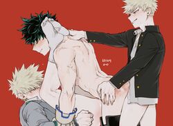 3boys biting_lip blush gay group_sex izuku_midoriya katsuki_bakugou male male_only megane_o__o multiple_boys muscles muscular muscular_male my_hero_academia red_background scar sex slap_mark socks sweat threesome wet yaoi