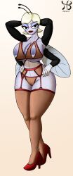 1female 2020s 2025 4_arms alternate_version_available antennae_(anatomy) artist_signature beauty_mark_on_breasts beauty_mark_under_eye big_breasts black_eyes blonde_hair dawn's_mom detailed disney disney_channel female female_only garter_straps gloves hands_behind_head hands_on_hips hiastobasement_(artist) hourglass_figure huge_breasts insect_wings light-skinned_female lingerie lingerie_only looking_at_viewer mature_female milf mother ms_swatworthy multi_arm pantyhose pussy red_heels red_lipstick seductive seductive_look seductive_pose short_hair solo solo_female taller_female the_buzz_on_maggie thick_arms thick_thighs thighhighs transparent transparent_panties watermark wide_hips
