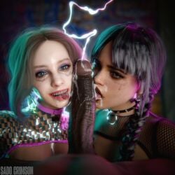 1boy 2girls 3d black_hair blonde_hair blowjob busty cock_worship cum cumshot emma_myers enid_sinclair erect_penis erection fellatio female female_focus hourglass_figure jenna_ortega licking licking_penis male male_pov multiple_girls netflix orgasm penis pov revealing_clothes sadocrimson3d skimpy skimpy_clothes tagme the_addams_family wednesday_(netflix) wednesday_addams wide_hips