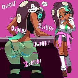 beauty_mark big_breasts black_hair black_socks blowing_kiss breasts brown_loafers clothing dark-skinned_female dark_skin dialogue disembodied_hand english_text female fingering green_eyes green_hair gyaru hair headphones heart hori_hiraki knee_socks kneehighs kneesocks loafers loose_socks marina_(splatoon) moan mole mole_under_mouth multicolored_hair nintendo octoling pink_eyes purple_background pussy_juice school_uniform shoes simple_background skirt socks socks_and_shoes sound_effects speech_bubble splatoon tentacle tentacle_hair text two_socks_on two_tone_eyes two_tone_hair uniform video_games white_socks