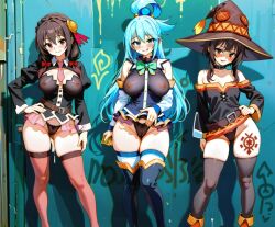 3girls ai_generated aqua_(konosuba) aqua_hair big_breasts blue_body blue_eyes breasts breasts_visible_through_clothing brown_hair collar female_only hat kono_subarashii_sekai_ni_shukufuku_wo! konosuba konosuba:_god's_blessing_on_this_wonderful_world! megumin nipples nipples_visible_through_clothing only_female panties panties_visible prostitute_clothes prostitution pussy pussy_visible_through_clothes pussy_visible_through_panties red_eyes seducing seductive seductive_body seductive_gaze seductive_look seductive_pose seductive_smile slut slutty slutty_costume slutty_dress slutty_face slutty_outfit standing tattoo yunyun_(konosuba)