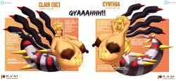 2girls after_transformation arms_behind_head arms_up belly belly_button big_breasts blonde_hair breasts breasts_out brown_nipples completely_nude completely_nude_female corrupted corruption cynthia_(pokemon) english_text female female_focus female_only gigantic_breasts giratina gold_(metal) gold_jewelry high_resolution huge_breasts hyper_pregnancy implied_impregnation implied_interspecies_impregnation implied_pokephilia implied_sex interspecies interspecies_pregnancy jewelry long_hair looking_at_partner looking_at_viewer m_jr_art milf milfs nintendo nipples nude original_character pokemon pokemon_(species) pokemon_dppt pokephilia pregnant pregnant_belly pregnant_female pussy ready_for_sex ready_to_pop red_eyes short_hair tagme tail tattoo text wife womb womb_tattoo