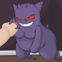 aliasing anthro anthro_on_human breasts female fingering gengar grin handjob human interspecies kneeling male nintendo penis pokemon pokephilia precum pussy_juice red_eyes source_request trapmagius