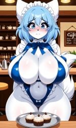 ai_generated animal_ears animal_tail anthro anthro_female anthro_only blue_eyes blue_hair blush cafe embarrassed embarrassed_female female female_focus female_only furry furry_female furry_only huge_breasts maid maid_bikini maid_cafe maid_headdress maid_outfit maid_uniform medium_hair pixai shy skimpy_bikini skimpy_clothes tagme thick_thighs vtuber white_fur wide_hips wolf_ears wolf_tail wolfychu youtube youtuber youtuber_girl