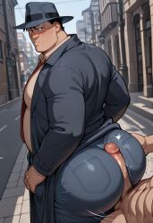 ai_generated annoyed ass bara batman:_the_animated_series big_ass big_ass_(male) big_butt bubble_butt buttjob buttjob_over_clothes clothed_male_nude_male clothed_sex dc dc_comics dudebooty17 gay harvey_bullock male male_only public_sex unknown_character unknown_male