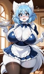 ai_generated animal_ears animal_tail anthro anthro_female anthro_only blue_eyes blue_hair blush cafe embarrassed embarrassed_female female female_focus female_only furry furry_female furry_only holding_object huge_breasts maid maid_cafe maid_headdress maid_outfit maid_uniform medium_hair pixai shy silver_platter skimpy_bikini skimpy_clothes stockings tagme thick_thighs thigh_highs thighhighs vtuber white_fur wide_hips wolf_ears wolf_tail wolfychu youtube youtuber youtuber_girl