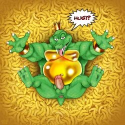 anthro anus balls banana belly big_belly bracelet crocodile crocodilian crown crown_only donkey_kong_(series) food fruit genitals gold_(metal) gold_bracelet gold_jewelry green_body green_scales headgear headgear_only hi_res hug_invitation humanoid_genitalia humanoid_penis jenokamui jewelry k_rool kremling looking_at_viewer lying male musclegut muscular nintendo nude on_back overweight overweight_male penis plant reptile scales scalie smile solo teeth tongue tongue_out