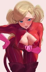 absurdres ann_takamaki bent_over blonde_hair blue_eyes blush bodysuit breasts cleavage cowboy_shot female highres large_breasts panther_(persona_5) persona persona_5 red_bodysuit solo standing takamaki_anne turnipdish twintails