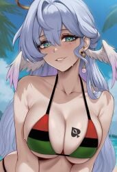 1girls 2025 ai_generated beach beautiful big_breasts bikini bikini_bottom bikini_top blush blushing_at_viewer blushing_female boob_squish breasts collarbone female female_focus female_human female_only flarekiss green_eyes highres honkai:_star_rail honkai_(series) hoyoverse light-skinned_female light_skin long_hair looking_at_viewer pan-african_flag pan-african_flag_bikini qos qos_tattoo robin_(honkai:_star_rail) smile smiling smiling_at_viewer solo solo_female solo_focus sweat sweatdrop wings