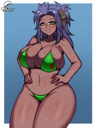 1girls bikini breasts commission dark-skinned_female glasses green_bikini hands_on_hips large_breasts looking_at_viewer messy_hair nintendo pokemon purple_eyes purple_hair raifort_(pokemon) thighs zapklink