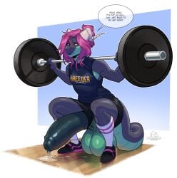 2025 2_horns anthro artist_logo balls big_balls big_penis biped bodily_fluids boosterpang bottomwear clothing english_text erection exercise footwear genital_fluids genitals hair hi_res horn huge_balls huge_cock humanoid_genitalia humanoid_penis hyper hyper_genitalia hyper_penis ike_(ikeywike) leaking_precum lizard logo male muscular muscular_anthro muscular_male penis pink_hair precum reptile scalie shirt shoes shorts socks solo speech_bubble tail text text_on_clothing text_on_shirt text_on_topwear topwear weightlifting workout