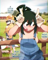 2025 2girls anime anime_style asui_tsuyu barn big_breasts black_eyes blonde_female blonde_hair blush boku_no_hero_academia bovine breasts bull_horns camera camera_pov camera_view comedic comedy farm female funny gloves green_hair green_hair_female hat hero_outfit_(mha) himiko_toga imminent_milking khyleri large_breasts looking_at_viewer looking_away looking_away_from_viewer mask meme milk milking milking_machine moo my_hero_academia nervous overalls overalls_only pointing_up pretending red_eyes shounen shounen_jump taking_picture text toga_himiko tongue tongue_out trucker_hat tsuyu_asui twitter_link twitter_username women
