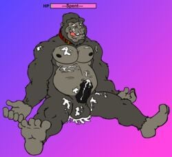 1boy balls biceps collar cum cum_on_self erection gorilla griz_urso licking male male_only masturbation messy nipples pacman20 penis primate solo tongue