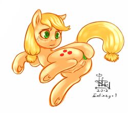 anal anal_masturbation anal_sex applejack_(mlp) ass blush crotchboobs cutie_mark dildo english_text equine female freckles friendship_is_magic green_eyes horse infinityplus1 looking_back masturbation my_little_pony penetration plain_background pony pussy raised_tail sex_toy solo text wet white_background