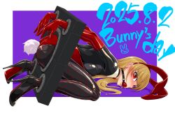 absurdres anal_tail animal_ear_hairband animal_ears ball_gag black_bodysuit blonde_hair bodysuit bodysuit_under_clothes bondage bunny_day detached_collar elbow_gloves fake_animal_ears fake_tail female fishnet_pantyhose fishnets full_body gag gagged gloves hairband hansei_ita high_heels highres latex latex_bodysuit leotard original pantyhose pillory playboy_bunny rabbit_ears rabbit_tail red_eyes red_gloves red_leotard restrained shiny_clothes solo stationary_restraints strapless strapless_leotard tail tamakko