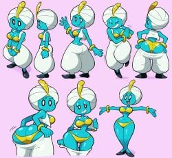 1girls 2025 alien ankh_(part_time_ufo) ass bangle belly_dancer_outfit big_ass blue_skin breasts female hal_laboratory harem_outfit highres mob_face multiple_images part_time_ufo smile solo stealth_brock thick_thighs turban undressing vest wide_hips