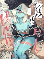 1boy black_hat black_horns blue_skin breasts chains clothed_female_nude_male collarbone colored_skin commentary_request cum ejaculation female hair_over_one_eye hair_over_shoulder hand_rest hat highres horns horns_through_headwear jacket jank365m jitome long_hair naked_jacket necromancer_(sekaiju) necromancer_2_(sekaiju) nipples nude off_shoulder petite pointy_ears purple_eyes reverse_upright_straddle scar scar_on_face scar_on_leg scar_on_stomach scars_all_over sekaiju_no_meikyuu sekaiju_no_meikyuu_5 shiny_skin sidelocks sideways_glance small_breasts straight thigh_sex thighs very_long_hair white_hair