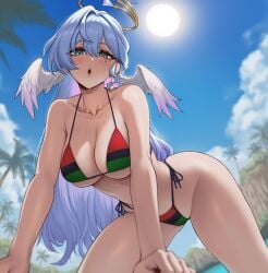 1girls 2025 :o ai_generated beach beautiful big_breasts bikini bikini_bottom bikini_top blush breasts female female_focus female_human flarekiss green_eyes highres honkai:_star_rail honkai_(series) hoyoverse light-skinned_female light_skin long_hair looking_at_viewer pan-african_flag pan-african_flag_bikini robin_(honkai:_star_rail) solo solo_female solo_focus sweat sweatdrop