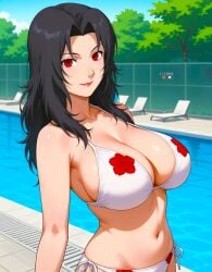 ai_generated anime_style beautiful_females belly_button busty chairs character curvy_female day early_retirement eternoai eyelashes eyeshadow fantasy fence floral_print heavenly_body iron_fence kunoichi kurenai_yuhi large_breasts lipstick looking_at_viewer lovely naruto naruto_shippuden poolside red_eyes rose_(flower) seductive seductive_eyes sexy smiling_at_viewer summer trees upper_body voluptuous_female white_bikini