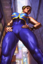 3d abs alley bodysuit brown_hair capcom chun-li double_bun female female_only from_below hair_bun hands_on_hips human outdoor outdoors solo standing street_fighter street_fighter_alpha systembleed unitard wristband