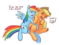 applejack_(mlp) blonde_hair chromaskunk color cowboy_hat cutie_mark english_text equine female finger freckles friendship_is_magic hair hat headgear horse infinityplus1 multicolored_hair my_little_pony pegasus plain_background pony purple_eyes pussy_juice rainbow_dash_(mlp) rainbow_hair smooth_skin text wings