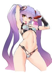 1girls ban condom cum erect_nipples female female_only hyakka_ryouran_samurai_girls long_hair naoe_kanetsugu naoe_kanetsugu_(hyakka_ryouran) navel orange_eyes purple_hair small_breasts solo tied_hair twintails