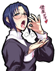 blue_eyes blue_hair blush breath ciel ciel_(tsukihime) clothed cross cum cum_in_mouth cum_on_tongue facial female glasses green_eyes habit heart heavy_breathing highres looking_at_viewer nun open_mouth sawao short_hair simple_background solo spoken_heart sweat text tongue tongue_out translated translation_request tsukihime type-moon white_background