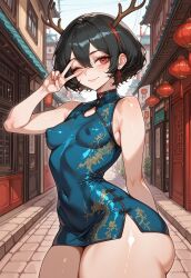 ai_generated antlers black_hair christmas elf_ears eye_contact female gloves pixie_cut red red_eyes red_gloves seductive_expression short_hair smirk smug_expression teasing usebackdooronly zan50ai