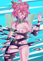 1girls blush bodysuit breasts censored censored_pussy embarrassed embarrassed_female exposed_breasts exposed_crotch exposed_nipples female froggyloch functionally_nude functionally_nude_female hair_ornaments hairbuns indie_virtual_youtuber kasuterasugar leaf_clothing nipples pink_hair pink_skin ripped_bodysuit ripped_clothing shocked_expression torn_bodysuit torn_clothes torn_clothing virtual_youtuber